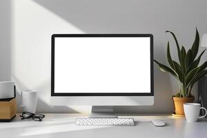 White Desk with Computer Monitor Mockup Featuring Blank Screen photo