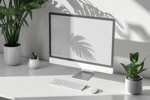 Professional Computer Monitor Mockup with Blank Screen on White Desk for Tech Use photo