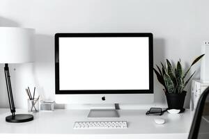 Computer Monitor Mockup with Blank Screen on White Desk for Tech Presentations photo