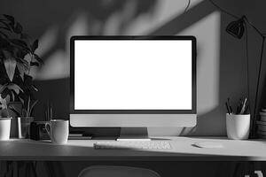 White Desk with Computer Monitor Mockup Featuring Blank Screen for Office Setup photo