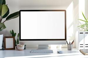 White Desk with Computer Monitor Mockup Featuring Blank Screen for Tech Displays photo