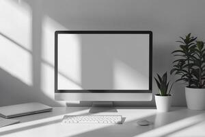 Computer Monitor Mockup with Blank Screen on a White Desk for Tech Projects photo