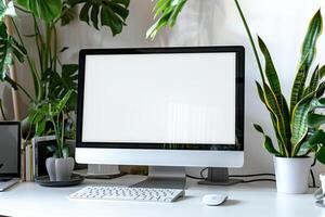 Desk with Computer Monitor Mockup Featuring a Blank Screen for Tech Use photo