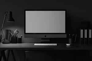 Computer Monitor Mockup with Blank Screen on White Desk for Tech Presentations photo
