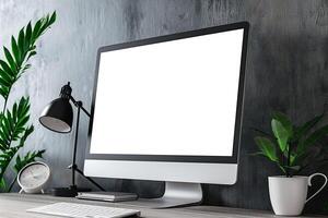 White Desk with Computer Monitor Mockup Featuring Empty Screen photo