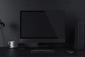 Professional Computer Monitor Mockup with Blank Screen on a White Desk photo
