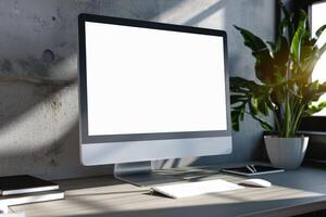 Blank Screen Computer Monitor Mockup on White Desk for Digital Design Projects photo