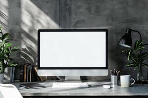 Office Desk with Computer Monitor Mockup Featuring Blank Screen for Digital Use photo