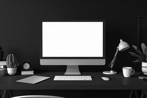 Office Desk with Computer Monitor Mockup Featuring Blank Screen photo