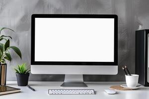 Computer Monitor Mockup with Blank Screen on White Desk for Tech Presentations photo