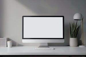 White Desk with Computer Monitor Mockup Featuring Blank Screen for Office Tech Use photo