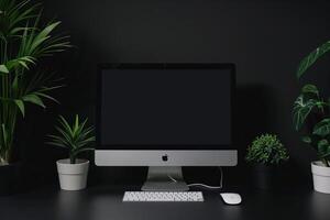 Blank Screen Computer Monitor Mockup on White Desk for Professional Presentations photo