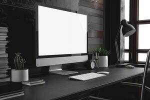 White Desk with Computer Monitor Mockup Featuring Blank Screen for Tech Displays photo