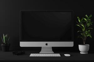 White Desk with Computer Monitor Mockup Featuring Blank Screen for Digital Design photo