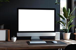 Computer Monitor Display on Work Desk with Plain Background photo