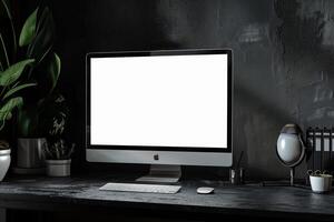 Blank Screen Computer Monitor Mockup on White Desk for Digital Technology Use photo