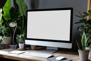 Computer Monitor on White Desk with Uncluttered Background photo