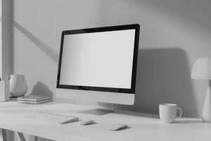 Computer Monitor on Desk with Neutral Surface and   Background photo
