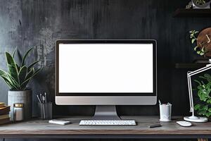 Professional Computer Monitor Mockup with Blank Screen on White Desk for Digital photo