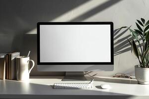 Computer Monitor Setup with Plain Desk Background for Digital Work photo