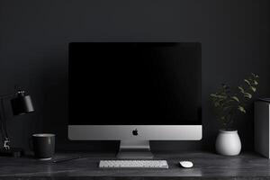 Computer Monitor on Desk with   Background for Tech Environment photo