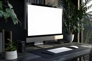 Computer Monitor with Uncluttered Desk Background for Tech Display photo