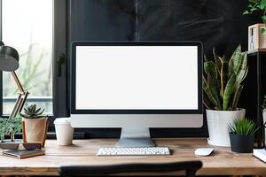 Computer Monitor on Work Desk with Neutral Background for Tech Display photo