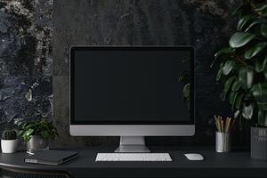 Computer Monitor Display on White Desk with   Background photo
