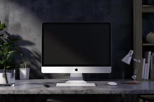 Computer Monitor Display on Desk with   Tech Background photo