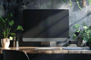Computer Monitor Setup on Desk with Neutral Professional Background photo