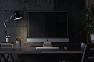 Computer Monitor Mockup with Neutral Desk and Tech Background for Office photo