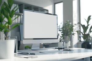 Computer Monitor Mockup with Office Supplies on White Background for Digital photo