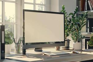 Computer Monitor Mockup with Office Supplies on White Table for Tech Projects photo