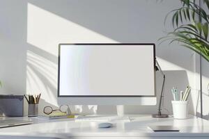 Computer Monitor Mockup with Office Supplies on White Desk for Tech Tasks photo