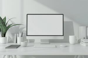 Computer Monitor Mockup with Office Supplies on White Desk for Professional Use photo