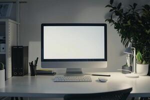 Computer Monitor Mockup with Office Supplies on White Desk for Tech Display photo