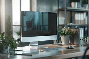 Desktop Computer Mockup with Tech Accessories on White Desk photo