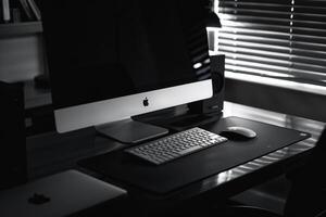 Noir Desktop Computer Mockup with Dramatic Black and Gray Tones photo