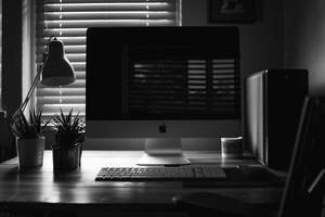 Noir Desktop Computer Mockup with Glossy Finish and Sharp Edges photo