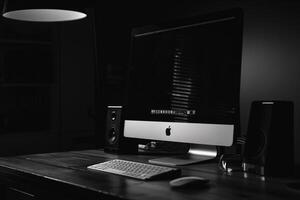 Noir Desktop Computer Mockup with Deep Black Surface and Sleek Design photo