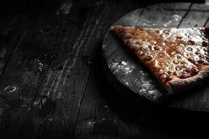 Rustic Wooden Board with Slice of Pizza on Display photo