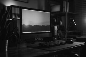 Noir Inspired Desktop Computer Mockup with Deep Black and Tech Elements photo