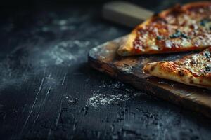 Rustic Wooden Board Featuring Slice of Pizza with Delicious Toppings photo
