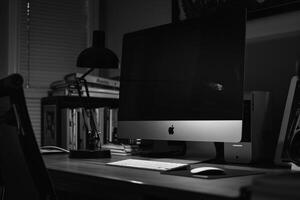 Noir Desktop Computer Mockup with High Gloss Black Surface and Sleek Design photo