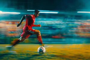 Player Running with Ball in Empty Stadium Against Red Background photo