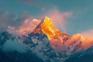 Mountain Peak Illuminated by Gentle Morning Light with a Stunning Rainbow Over a Lush Landscape photo