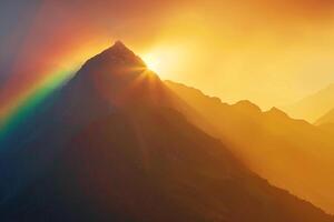 Mountain Peak Highlighted by Morning Light and Rainbow with a Scenic Background in a Beautiful Natural photo
