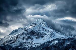 Snow Peak with a Dramatic Cloudy Sky and Majestic Mountain Background in a Beautiful Natural photo