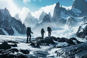 Mountaineers Traversing a Glacier with Towering Peaks and an Epic Mountain  ry photo