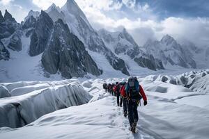 Mountaineers Traversing a Glacier with Towering Peaks and an Awe Inspiring Mountain  Background photo